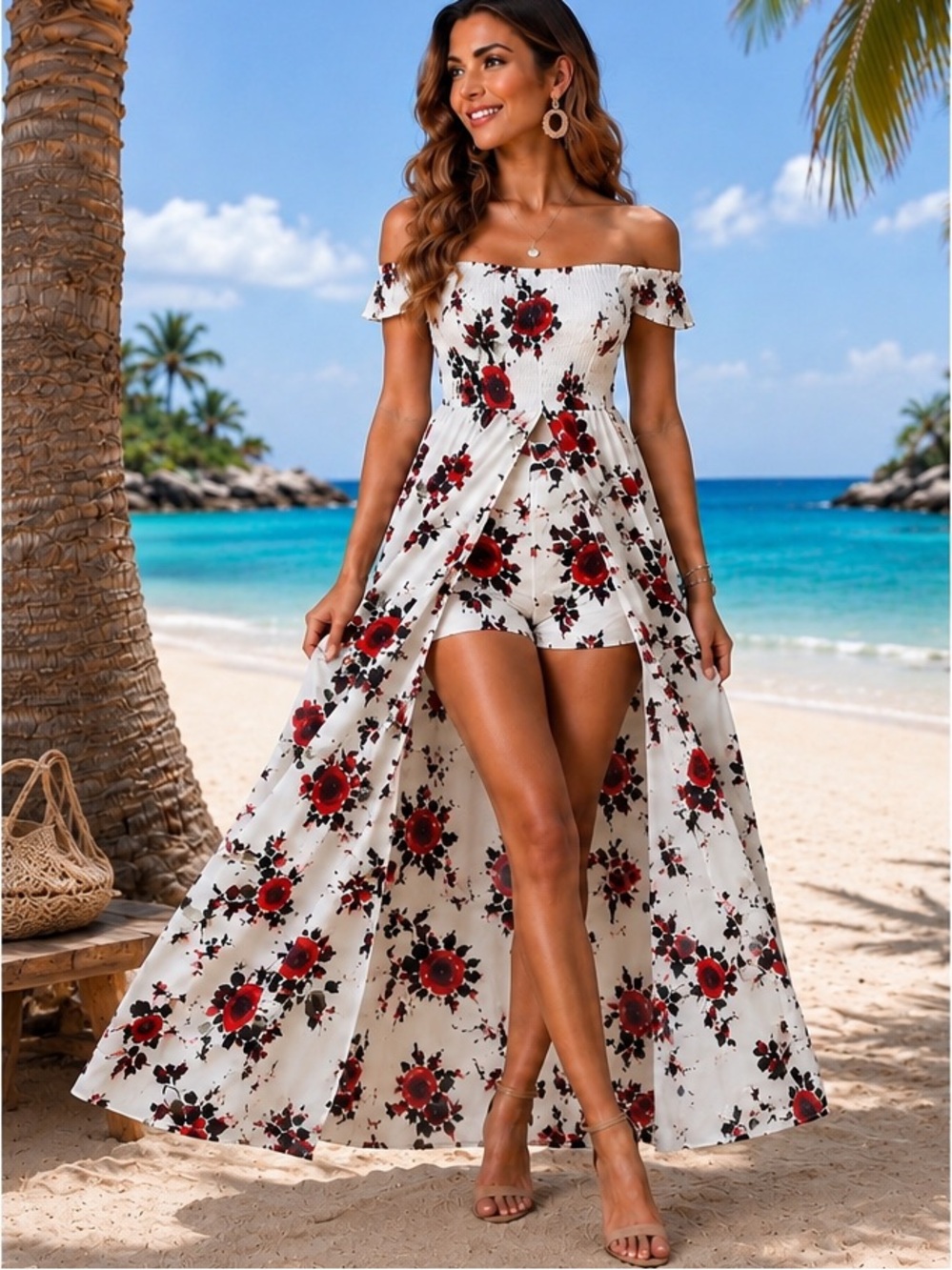 Justify Floral Off-Shoulder Maxi Romper with Skirt Overlay